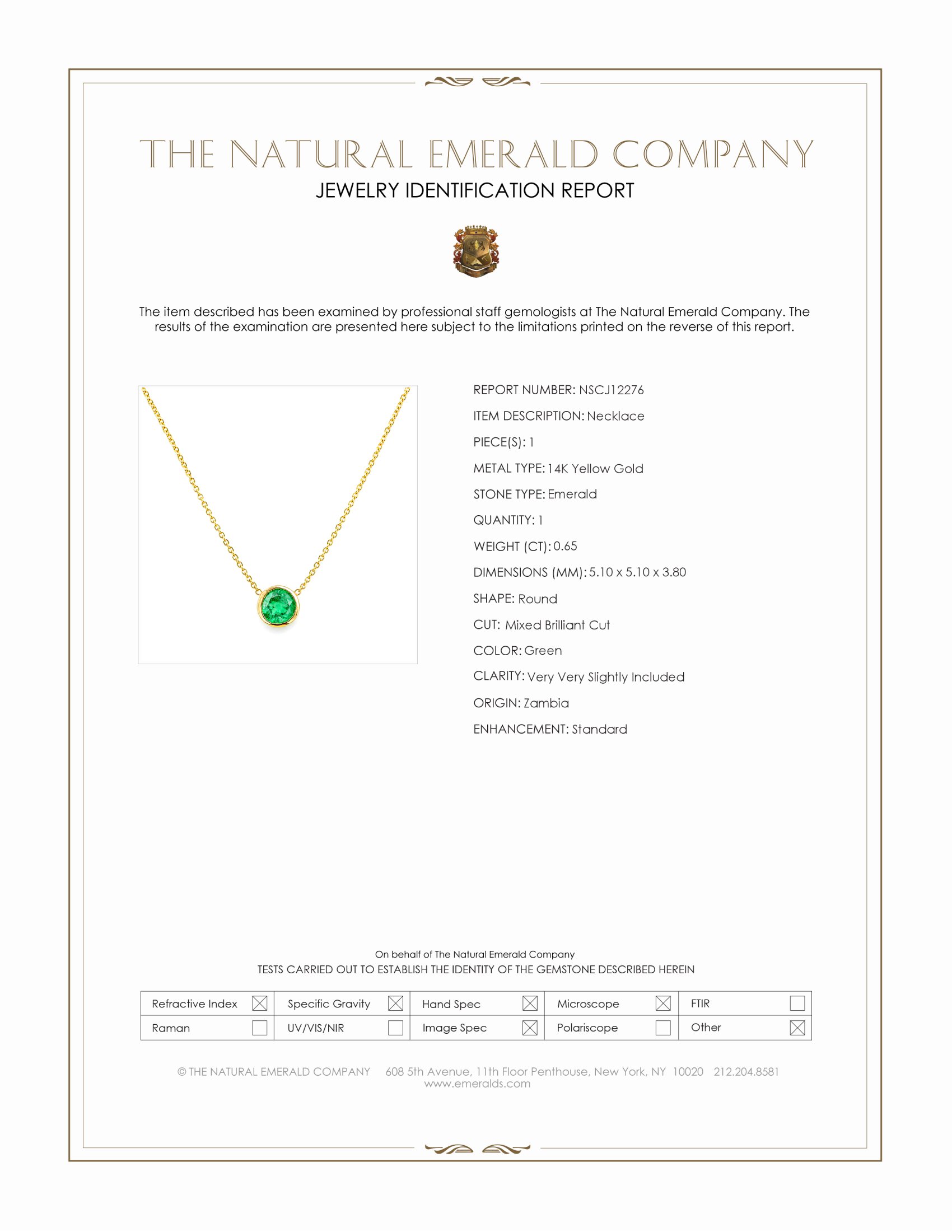 0.65 Ct. Emerald Bezel Necklace, 14K Yellow Gold