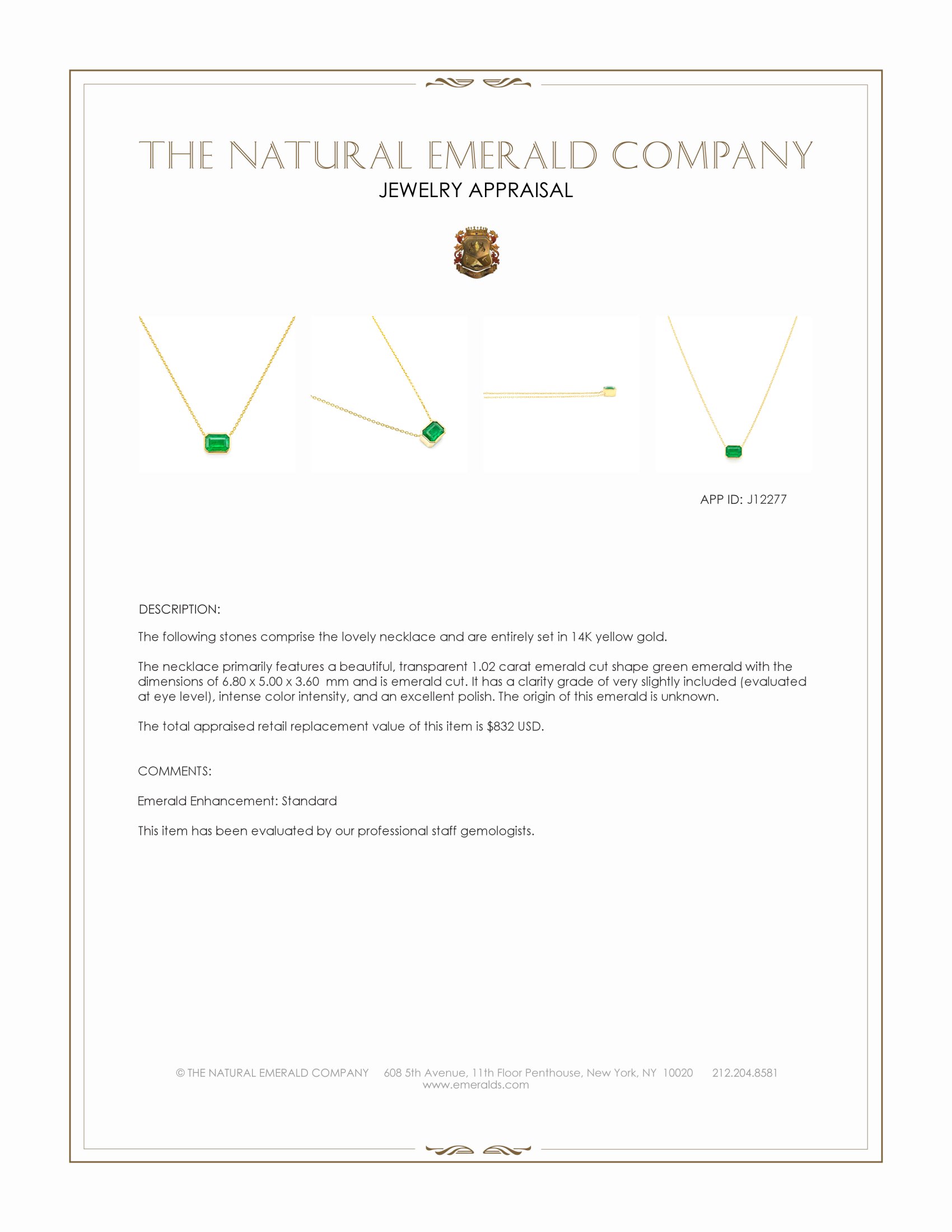 1.02 Ct. Emerald Bezel Necklace, 14K Yellow Gold