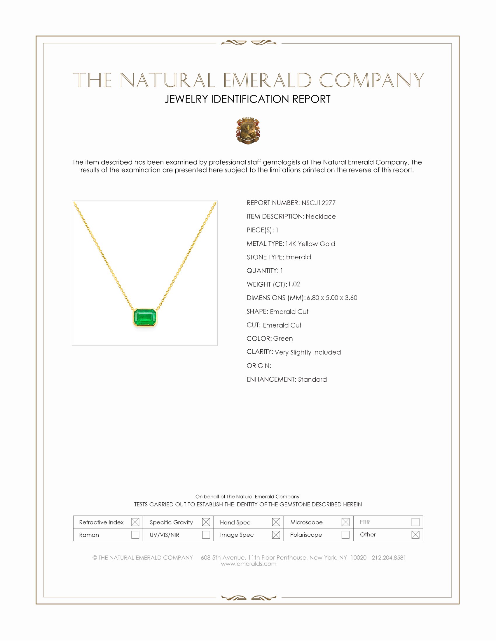 1.02 Ct. Emerald Bezel Necklace, 14K Yellow Gold