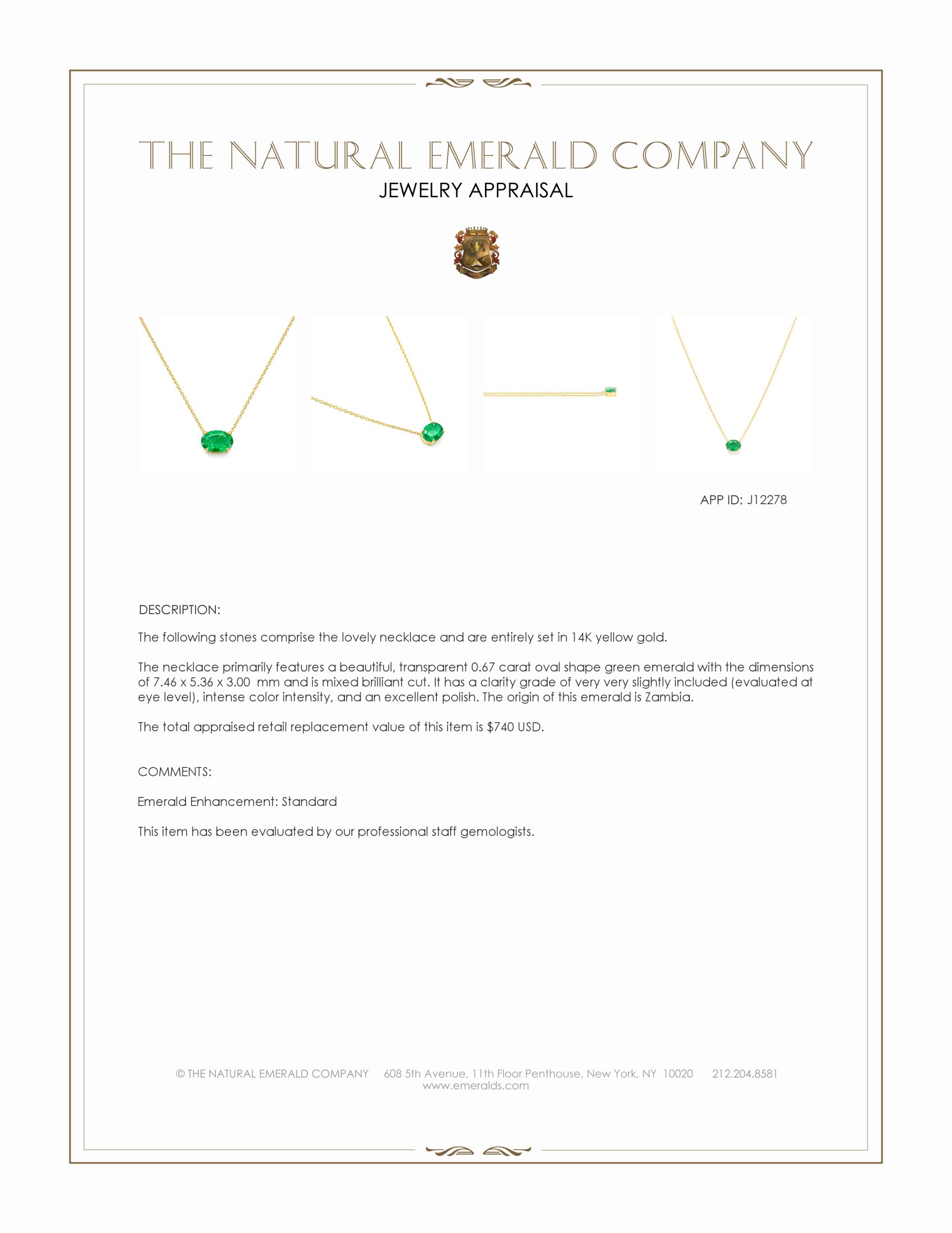 0.67 Ct. Emerald Solitaire Necklace, 14K Yellow Gold