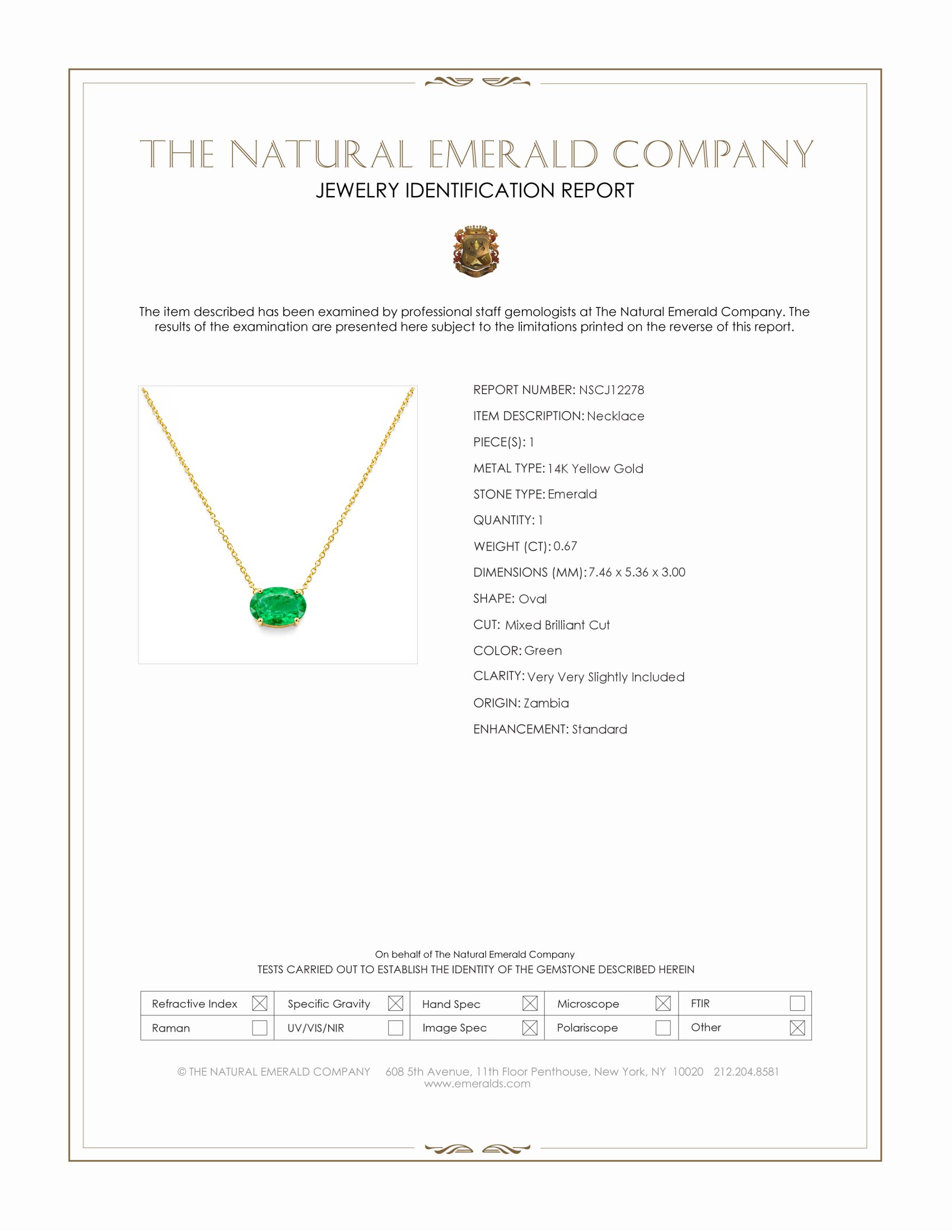 0.67 Ct. Emerald Solitaire Necklace, 14K Yellow Gold