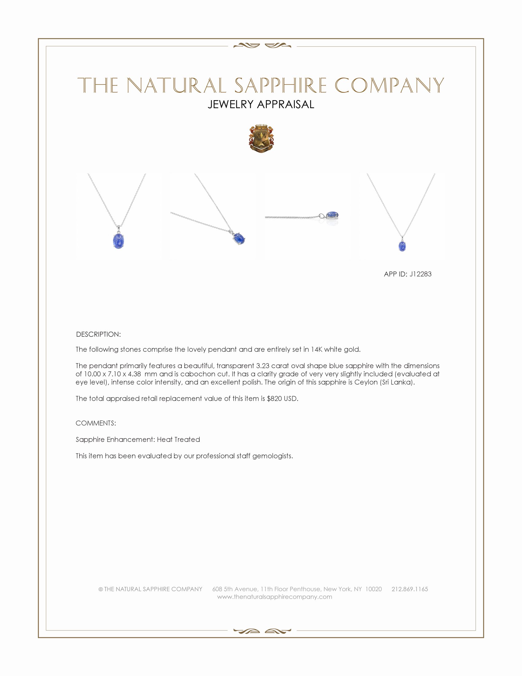 3.23 Ct. Blue Sapphire Solitaire Pendant, 14K White Gold