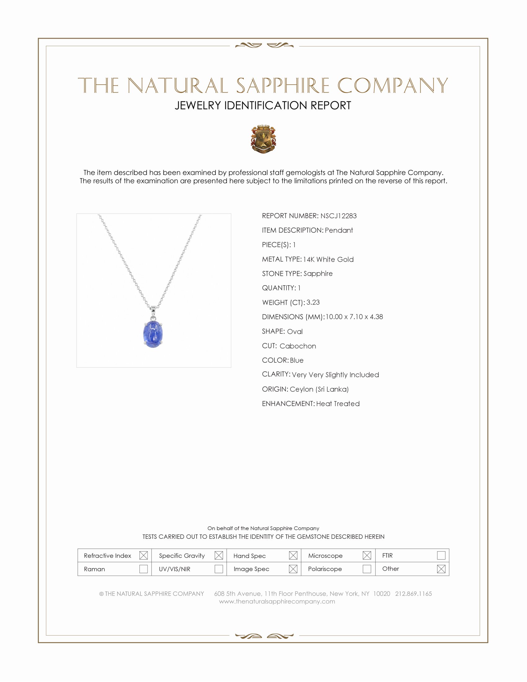 3.23 Ct. Blue Sapphire Solitaire Pendant, 14K White Gold