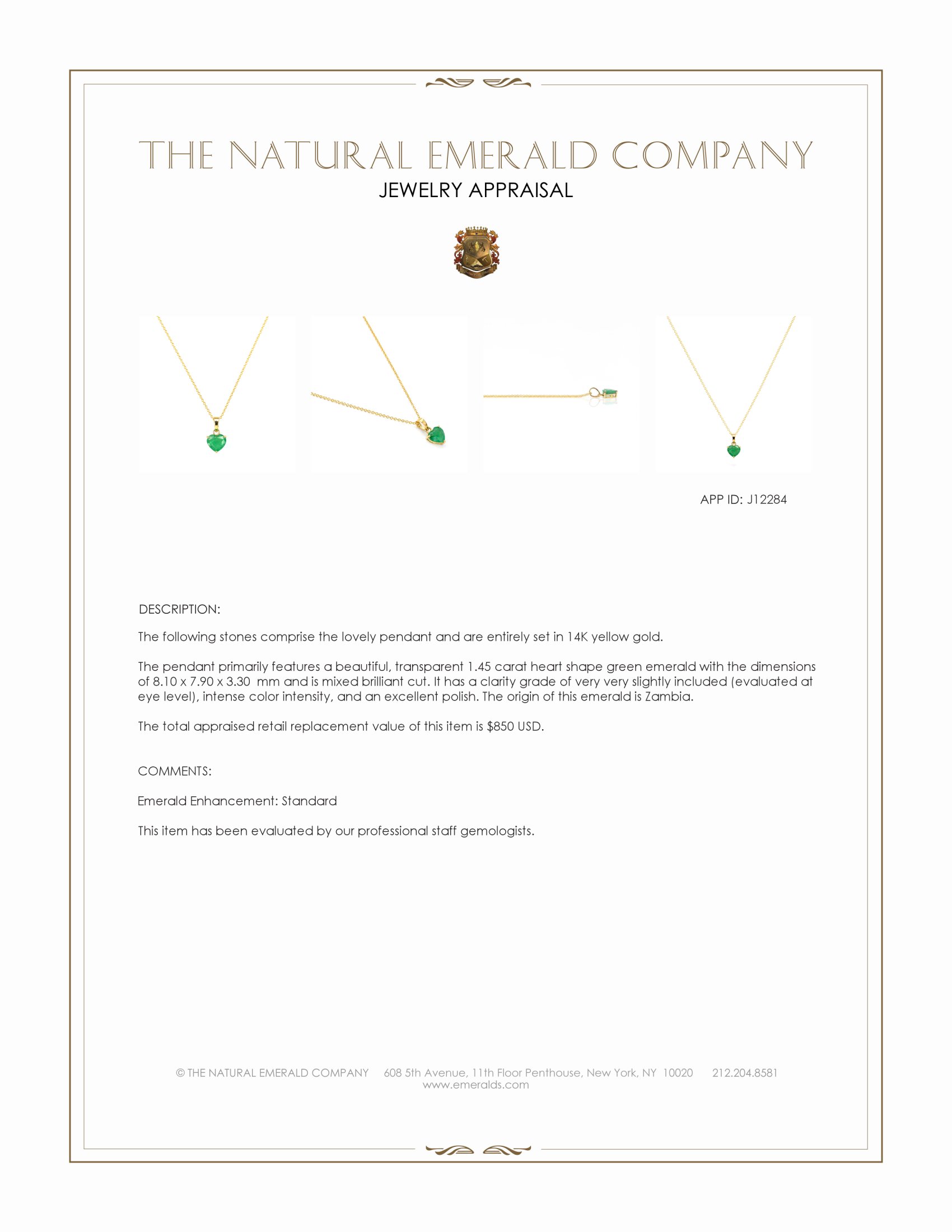1.45 Ct. Emerald Solitaire Pendant, 14K Yellow Gold