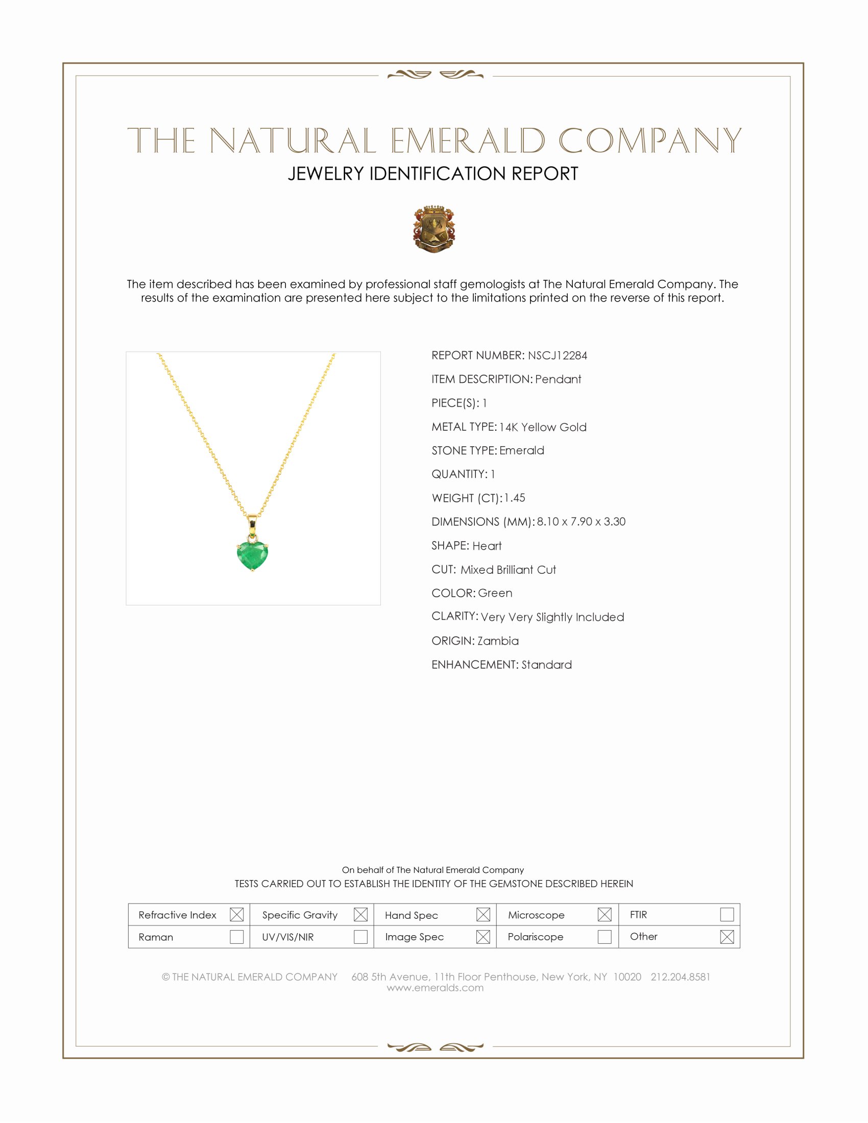 1.45 Ct. Emerald Solitaire Pendant, 14K Yellow Gold