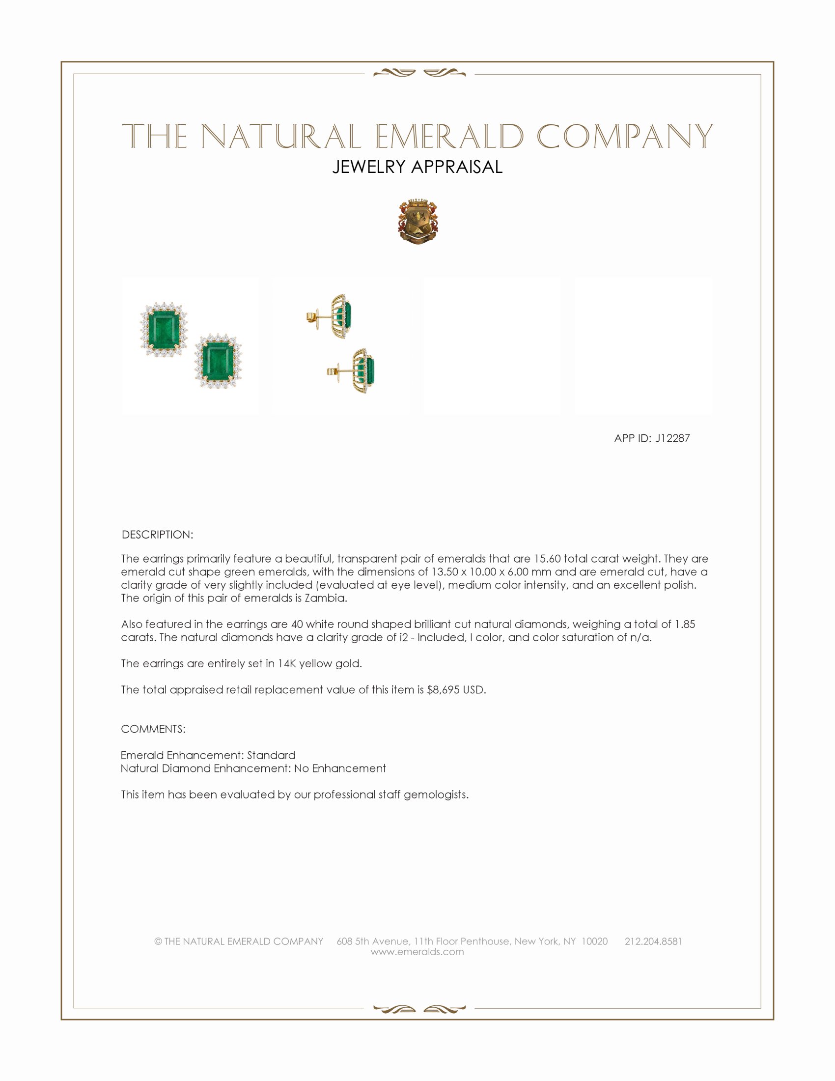 15.60 Ct.Tw. Emerald and Natural Diamond Studs Earrings, 14K Yellow Gold