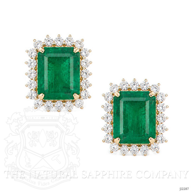15.60 Ct.Tw. Emerald and Natural Diamond Studs Earrings, 14K Yellow Gold