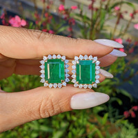 15.60 Ct.Tw.Total Carat Weight Emerald and Natural Diamond Studs Earrings, 14K Yellow Gold Life Style