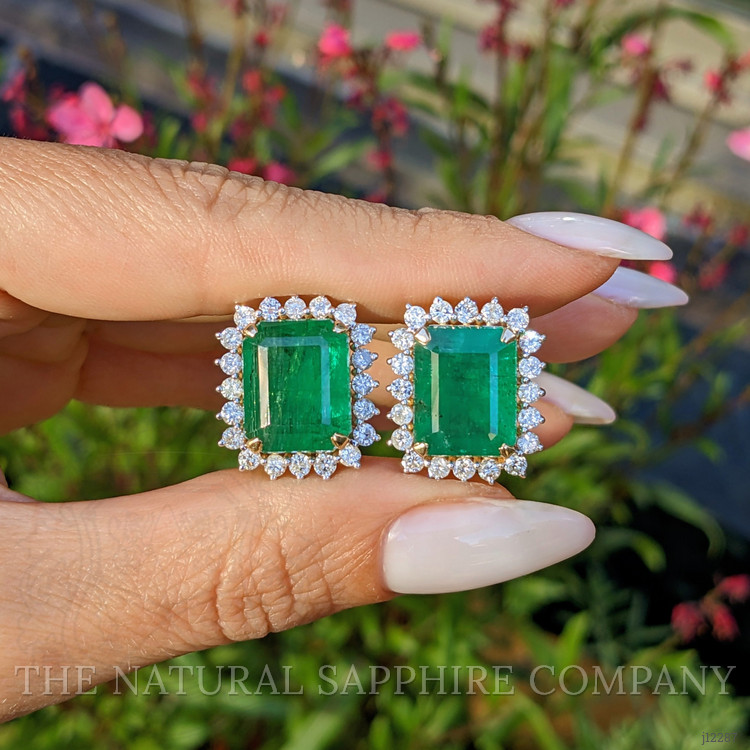15.60 Ct.Tw. Emerald and Natural Diamond Studs Earrings, 14K Yellow Gold