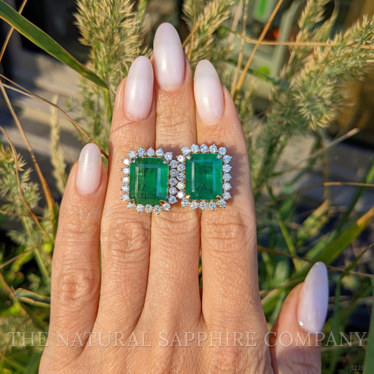 15.60 Ct.Tw. Emerald and Natural Diamond Studs Earrings, 14K Yellow Gold