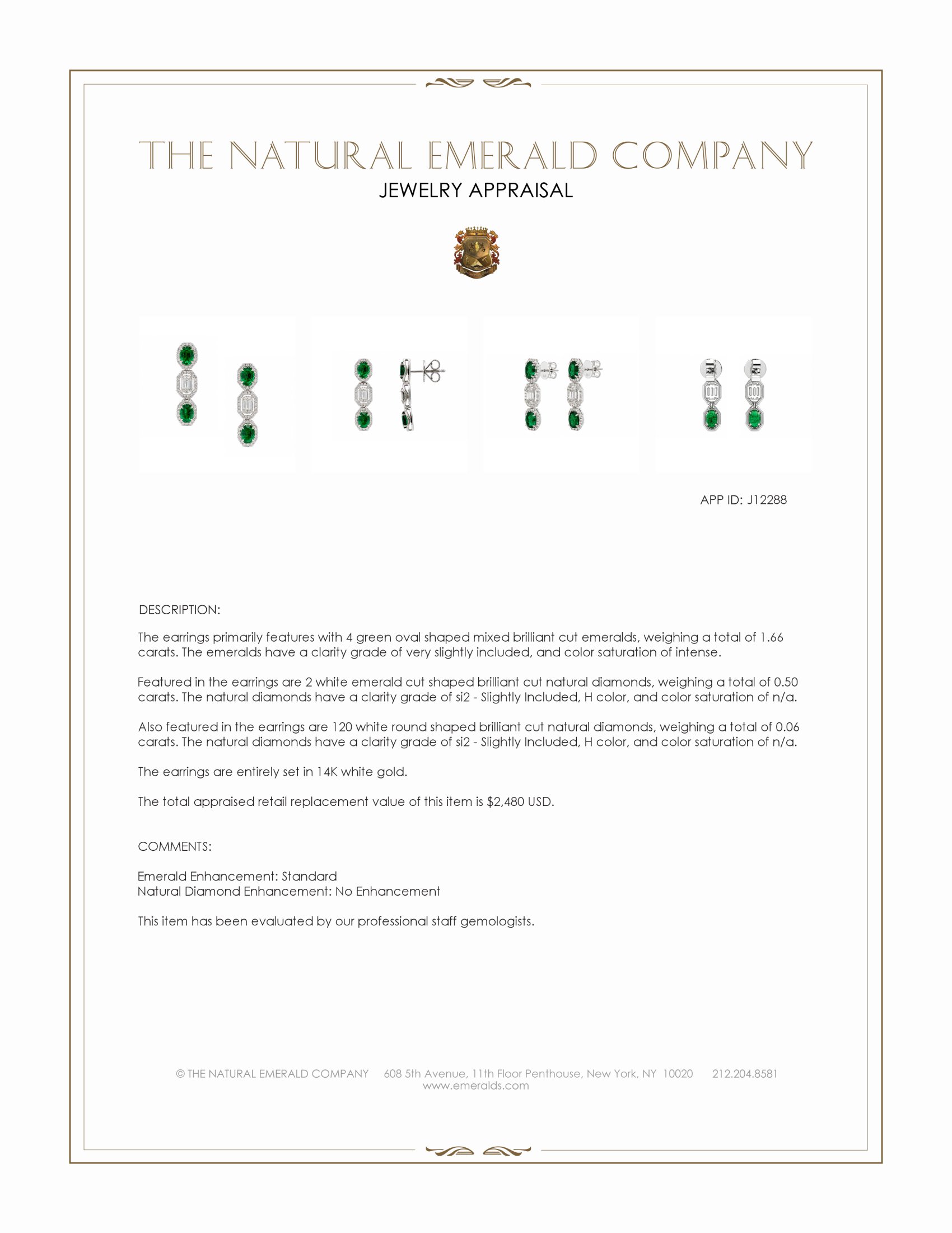 1.66 Ct.Tw. Emerald and Natural Diamond Pave Earrings, 14K White Gold