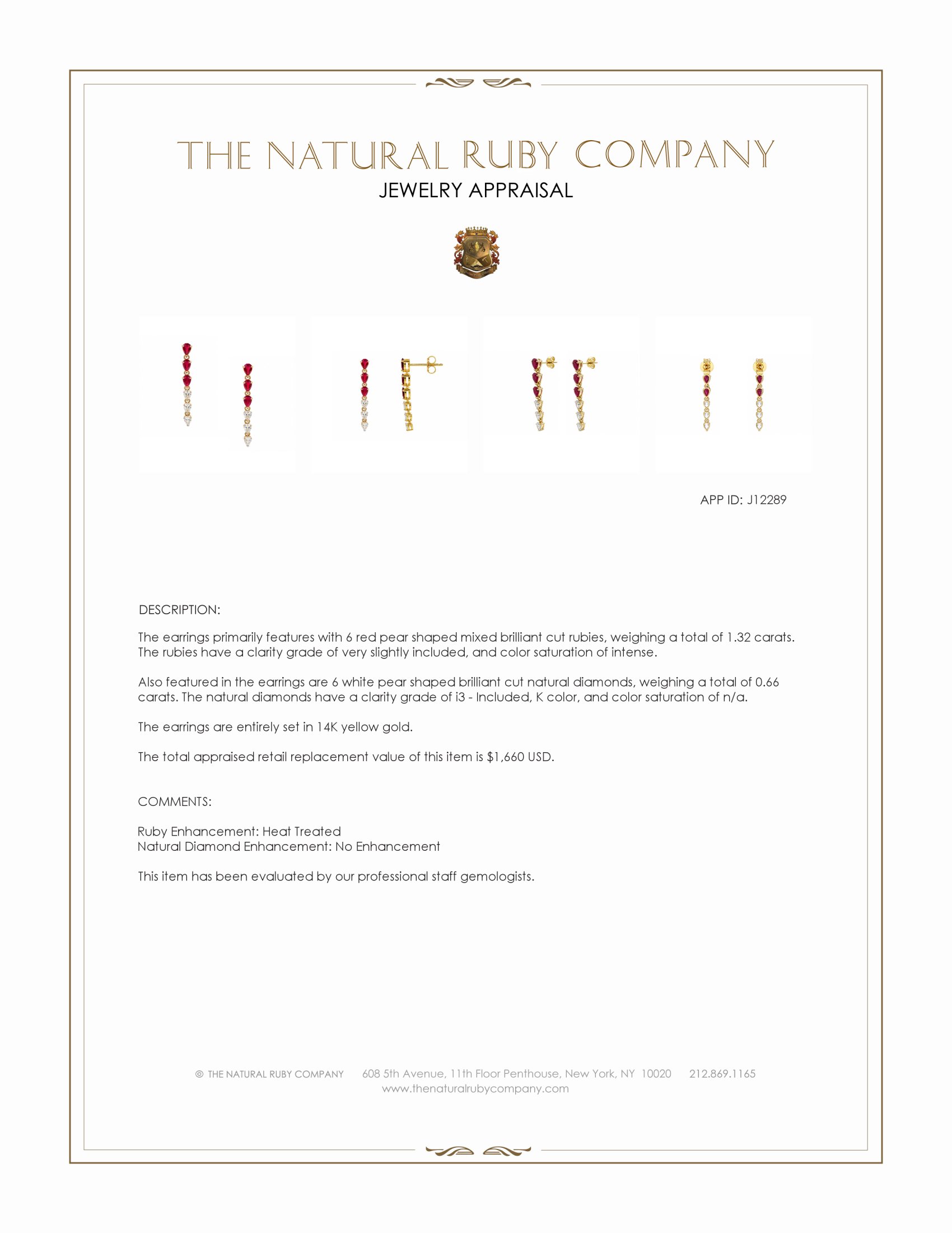 1.32 Ct.Tw. Ruby and Natural Diamond Drops Earrings, 14K Yellow Gold