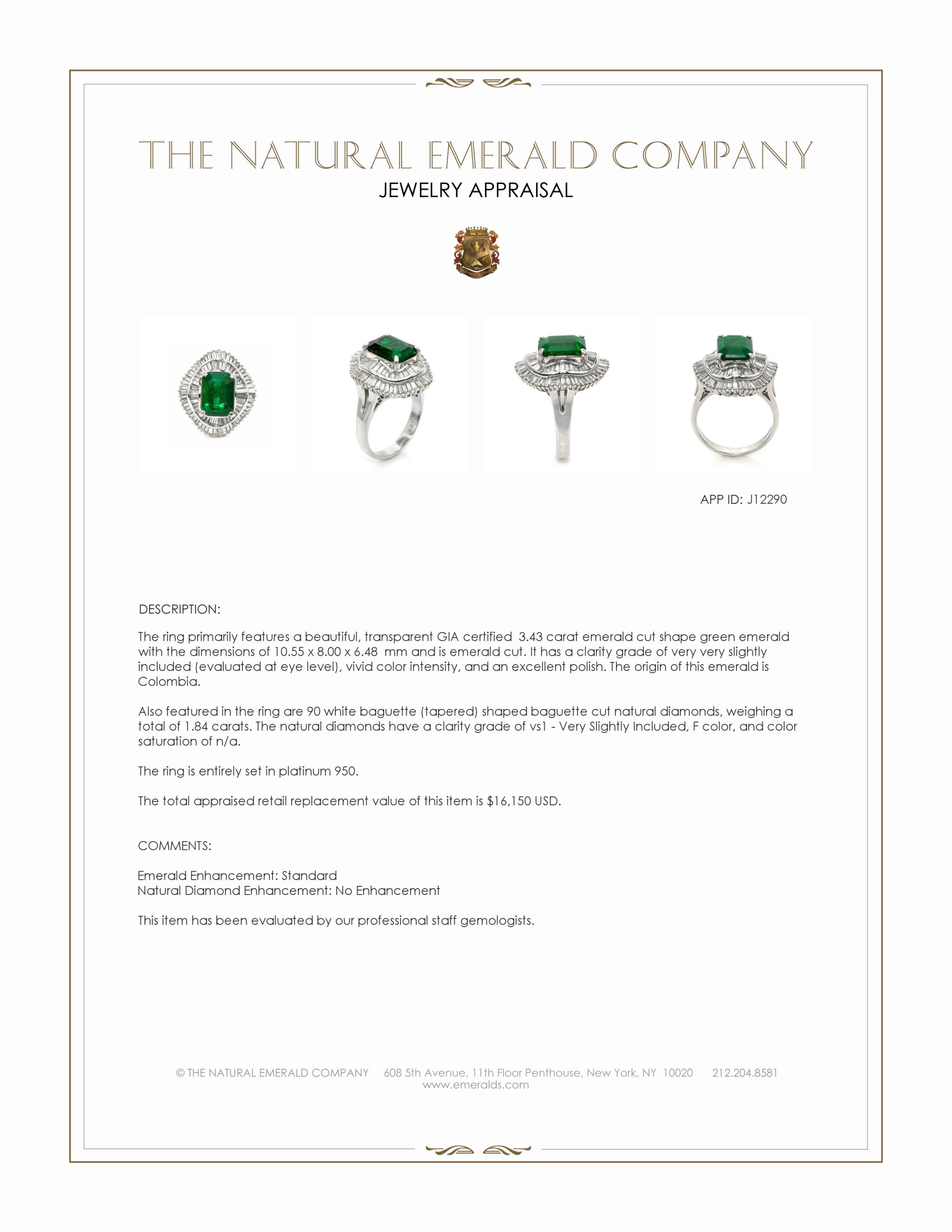 3.43 Ct. Emerald and Natural Diamond Accent Stones Ring, Platinum 950
