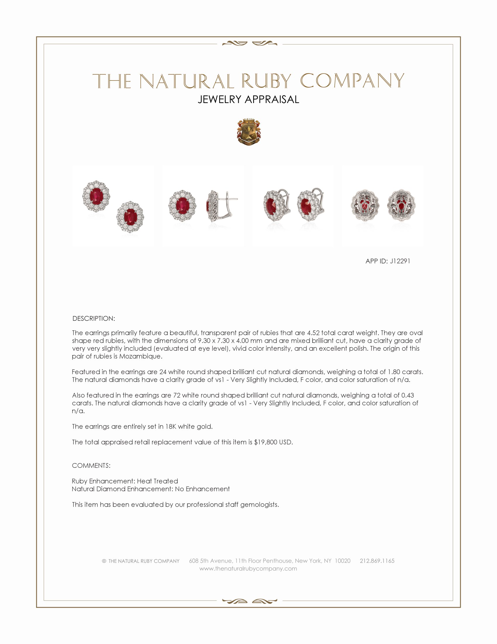 4.52 Ct.Tw. Ruby and Natural Diamond Pave Earrings, 18K White Gold