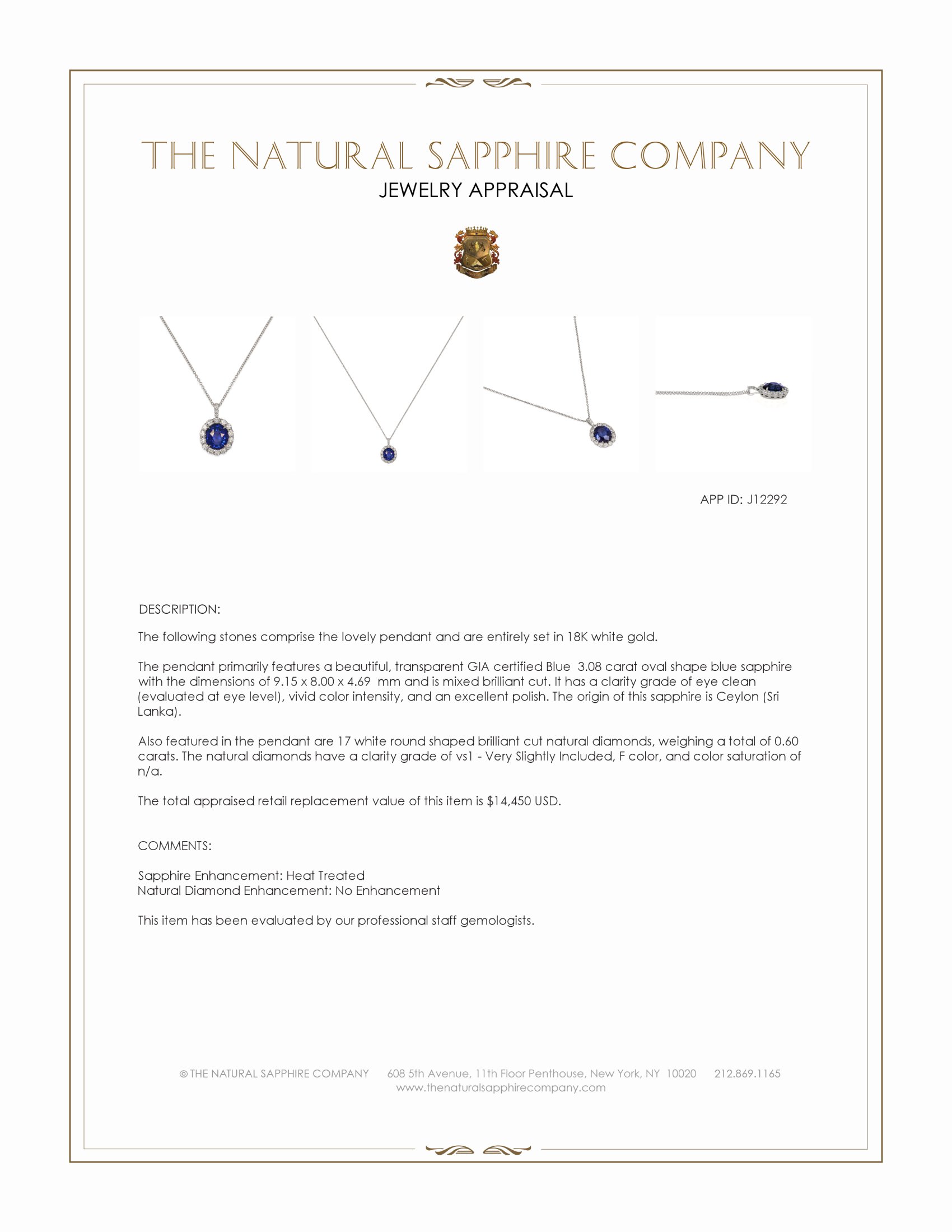 3.08 Ct. Blue Sapphire and Natural Diamond Pave Pendant, 18K White Gold