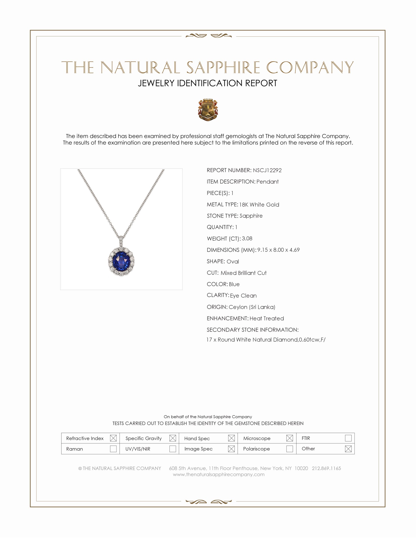 3.08 Ct. Blue Sapphire and Natural Diamond Pave Pendant, 18K White Gold