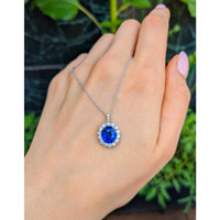 3.08 Ct. Blue Sapphire and Natural Diamond Pave Pendant, 18K White Gold Life Style