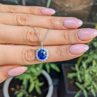 3.08 Ct. Blue Sapphire and Natural Diamond Pave Pendant, 18K White Gold Life Style