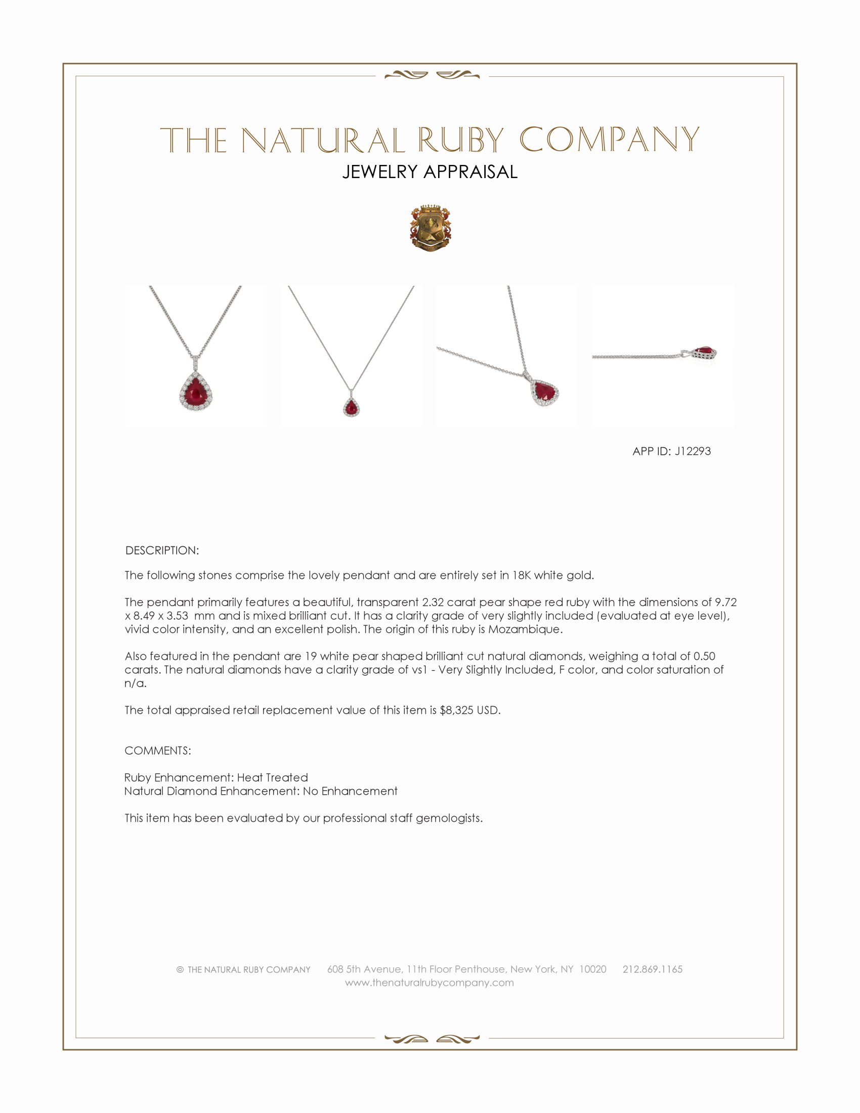 2.32 Ct. Ruby and Natural Diamond Pave Pendant, 18K White Gold