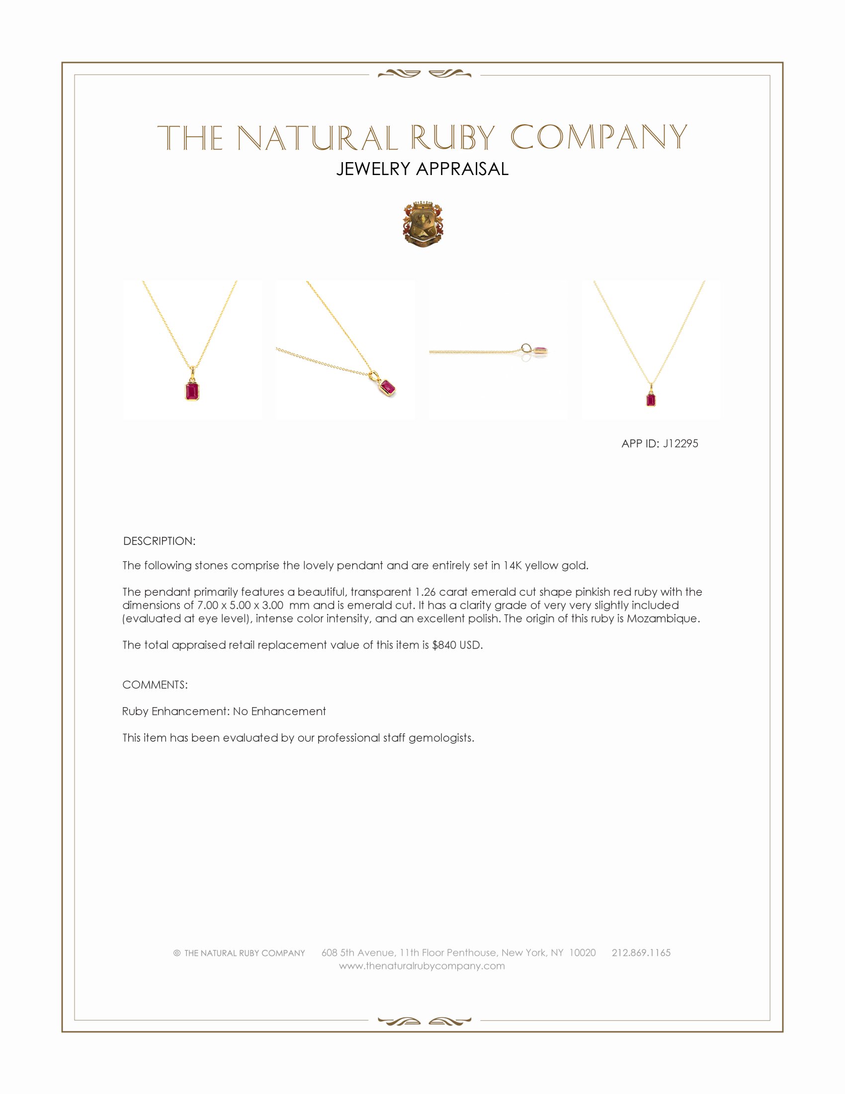 1.26 Ct. Pinkish Red Ruby Bezel Pendant, 14K Yellow Gold