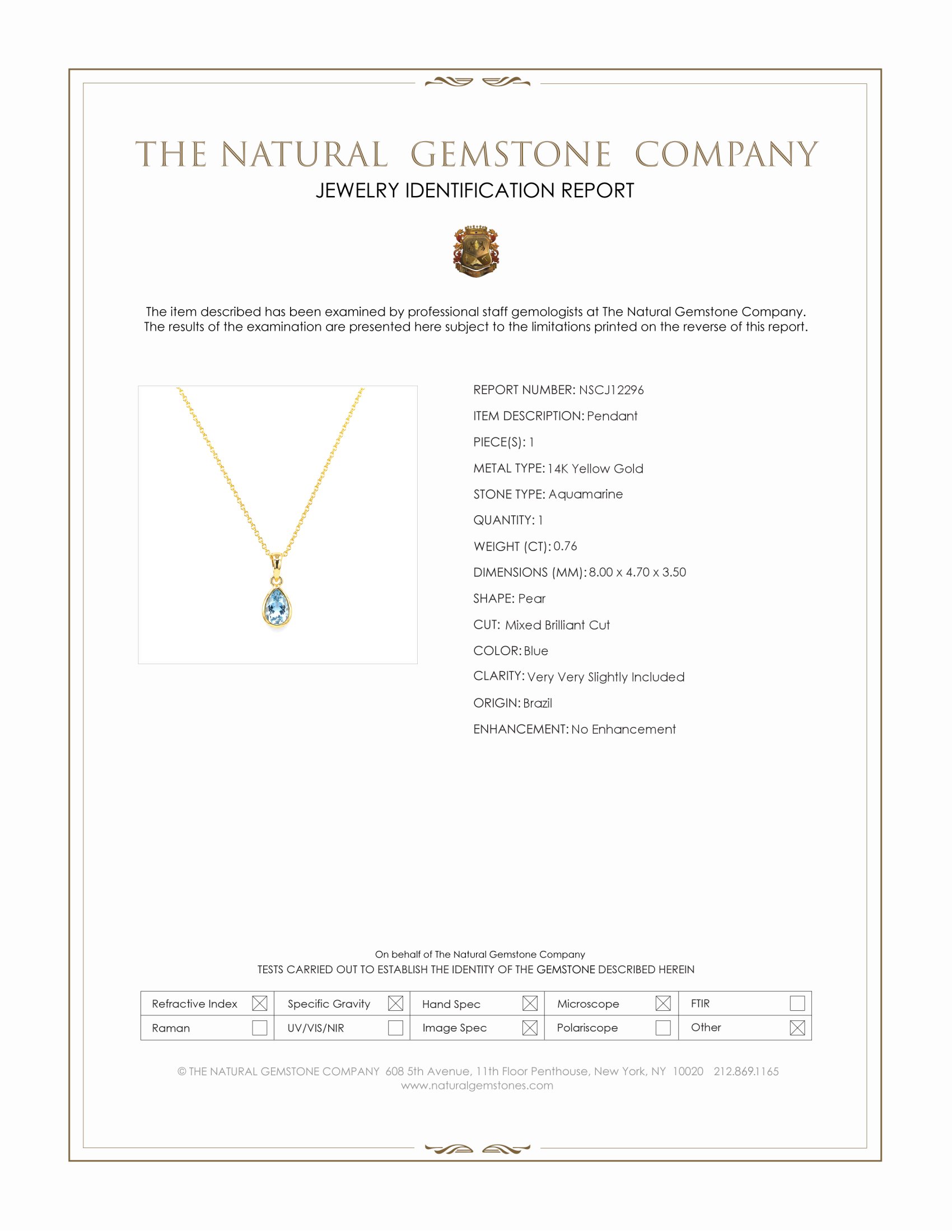 0.76 Ct. Blue Aquamarine Bezel Pendant, 14K Yellow Gold