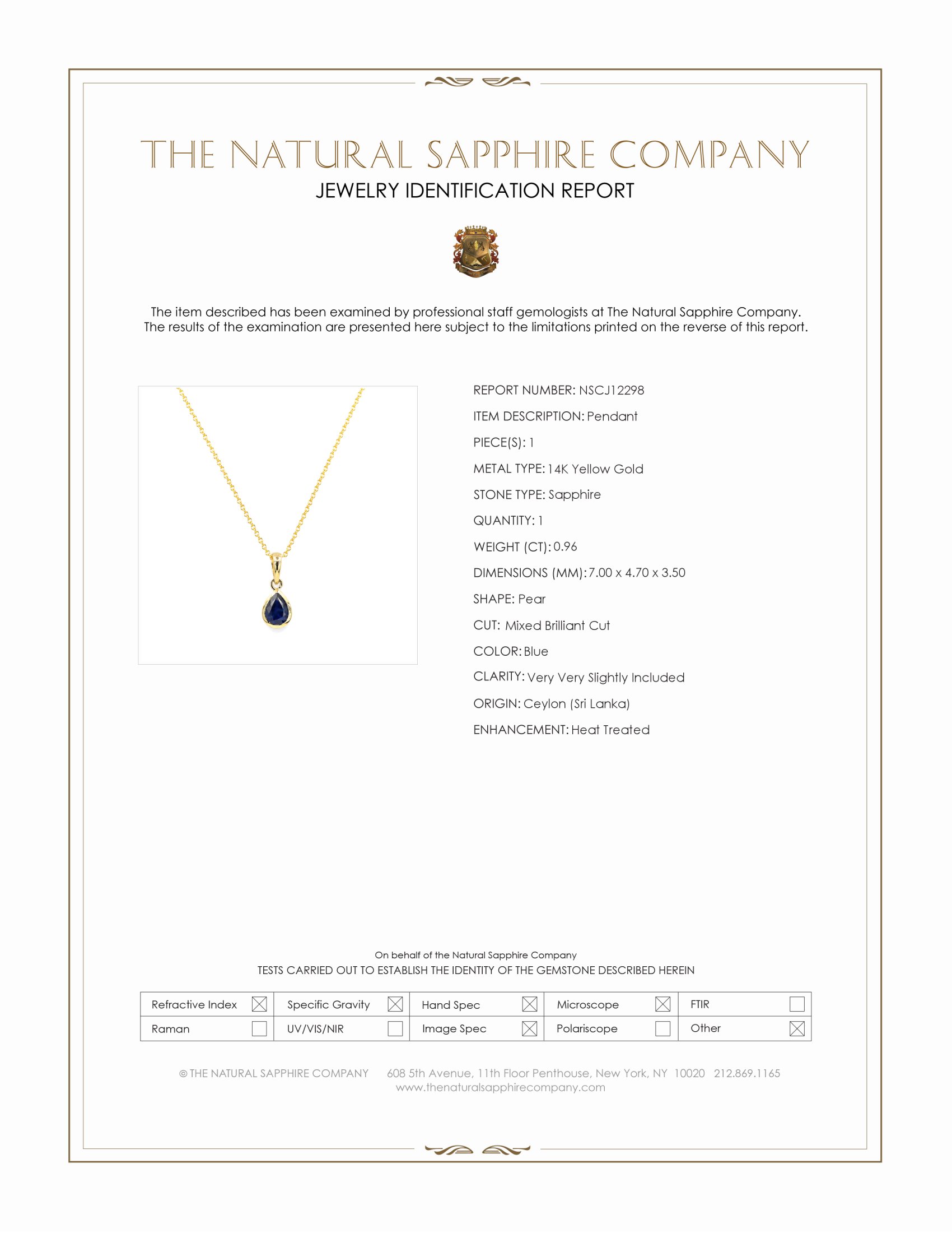 0.96 Ct. Blue Sapphire Bezel Pendant, 14K Yellow Gold