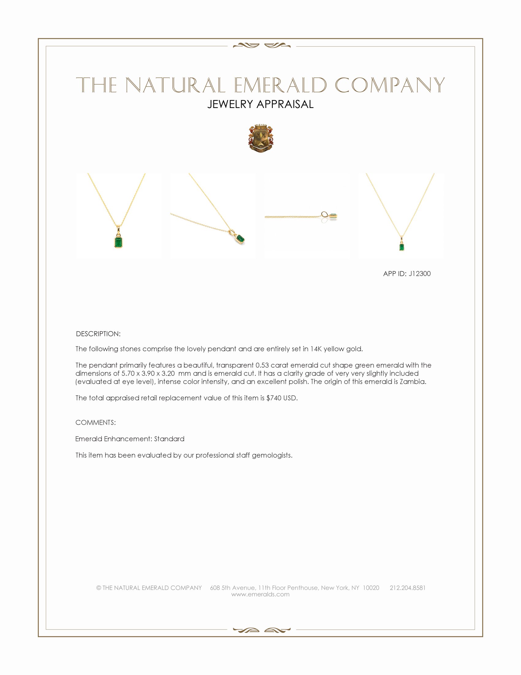 0.53 Ct. Emerald Bezel Pendant, 14K Yellow Gold