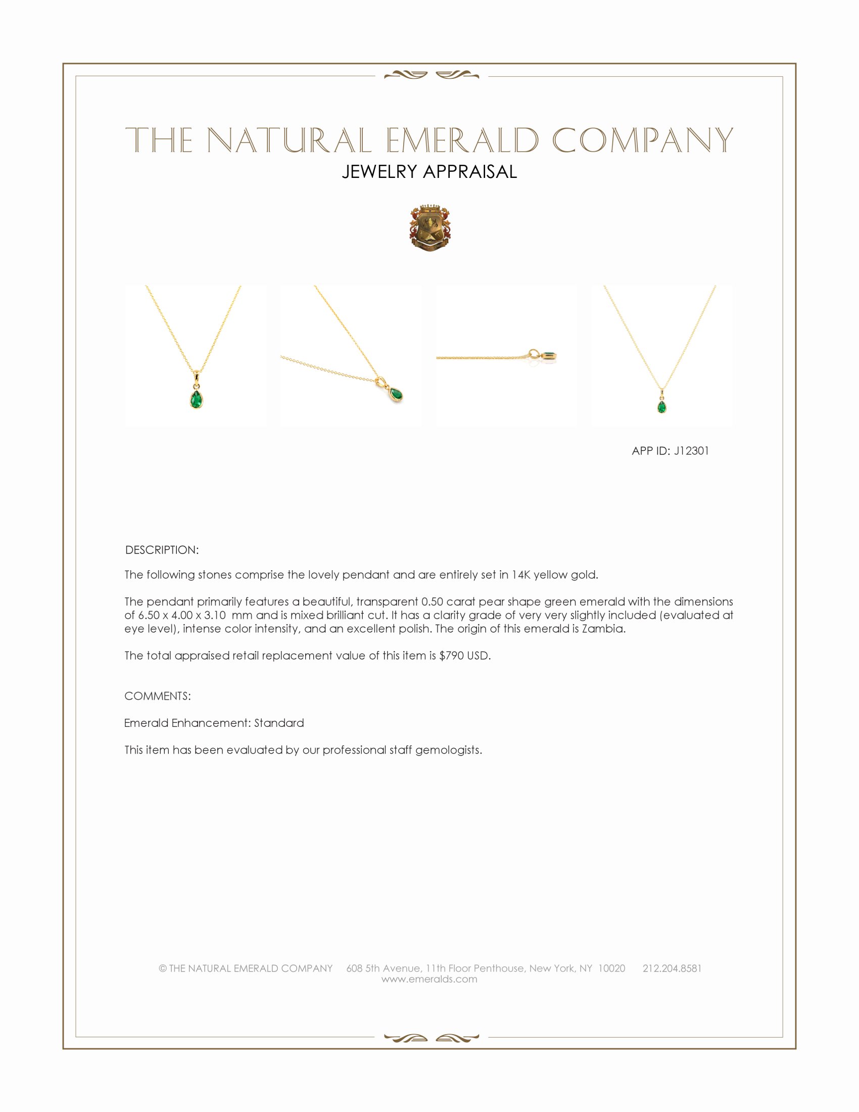 0.50 Ct. Emerald Bezel Pendant, 14K Yellow Gold