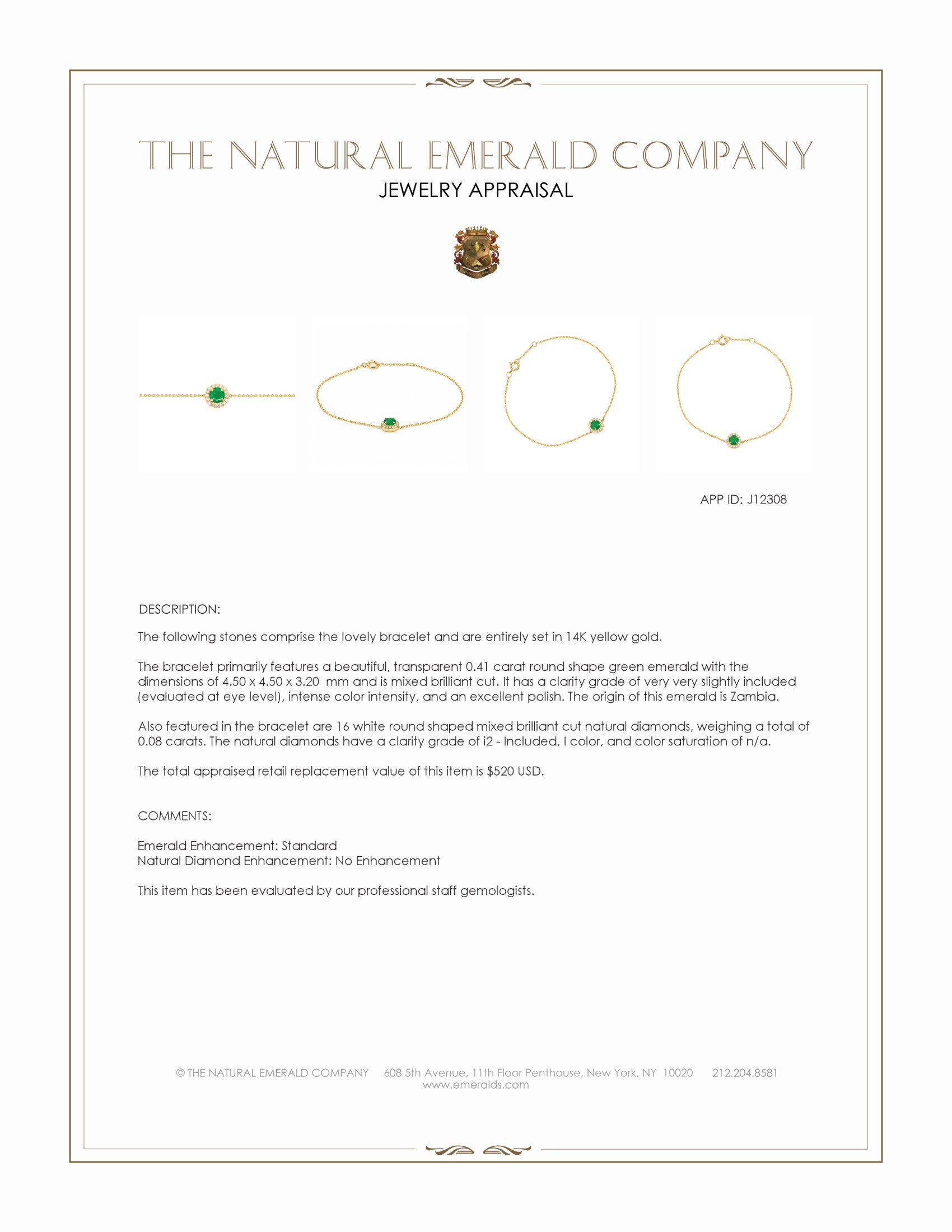 0.41 Ct.Tw. Emerald and Natural Diamond Pave Bracelet, 14K Yellow Gold