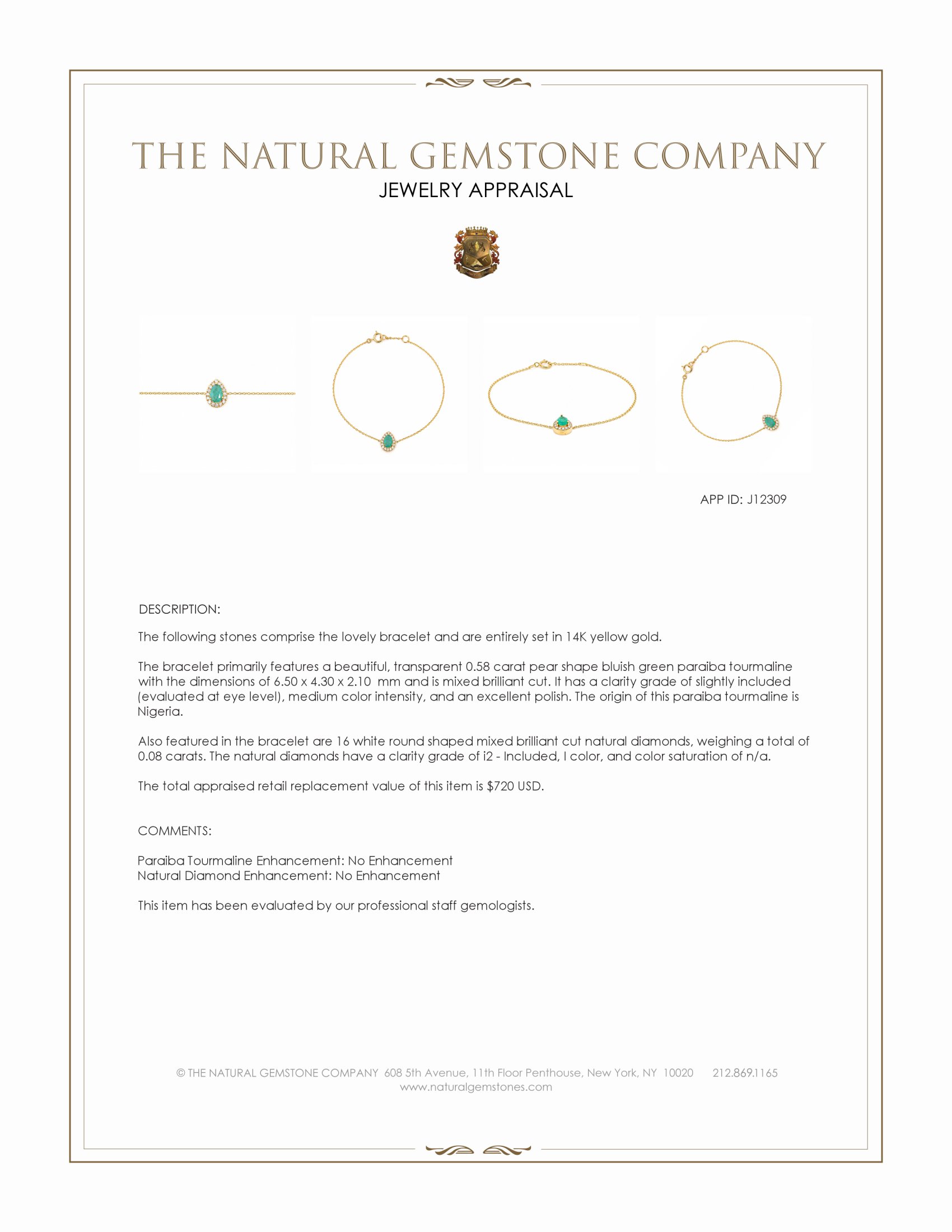 0.58 Ct.Tw. Bluish Green Paraiba Tourmaline and Natural Diamond Pave Bracelet, 14K Yellow Gold