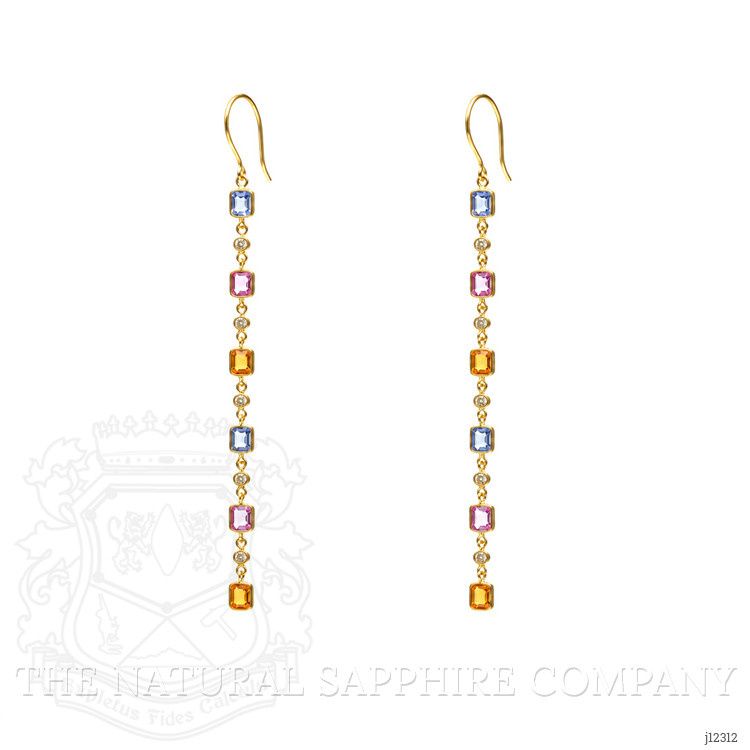 2.56 Ct.Tw. Multi Color Sapphire and Natural Diamond Bezel Earrings, 14K Yellow Gold
