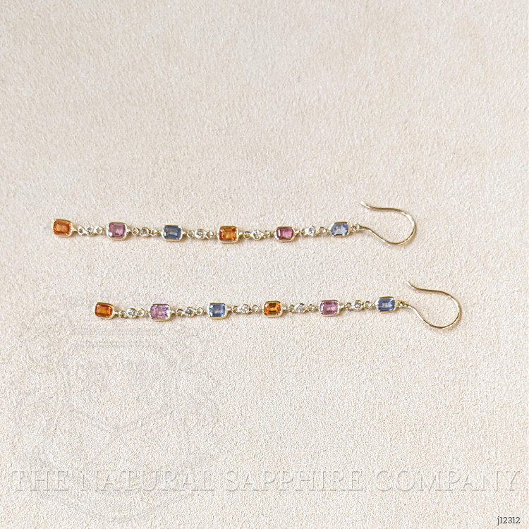 2.56 Ct.Tw. Multi Color Sapphire and Natural Diamond Bezel Earrings, 14K Yellow Gold