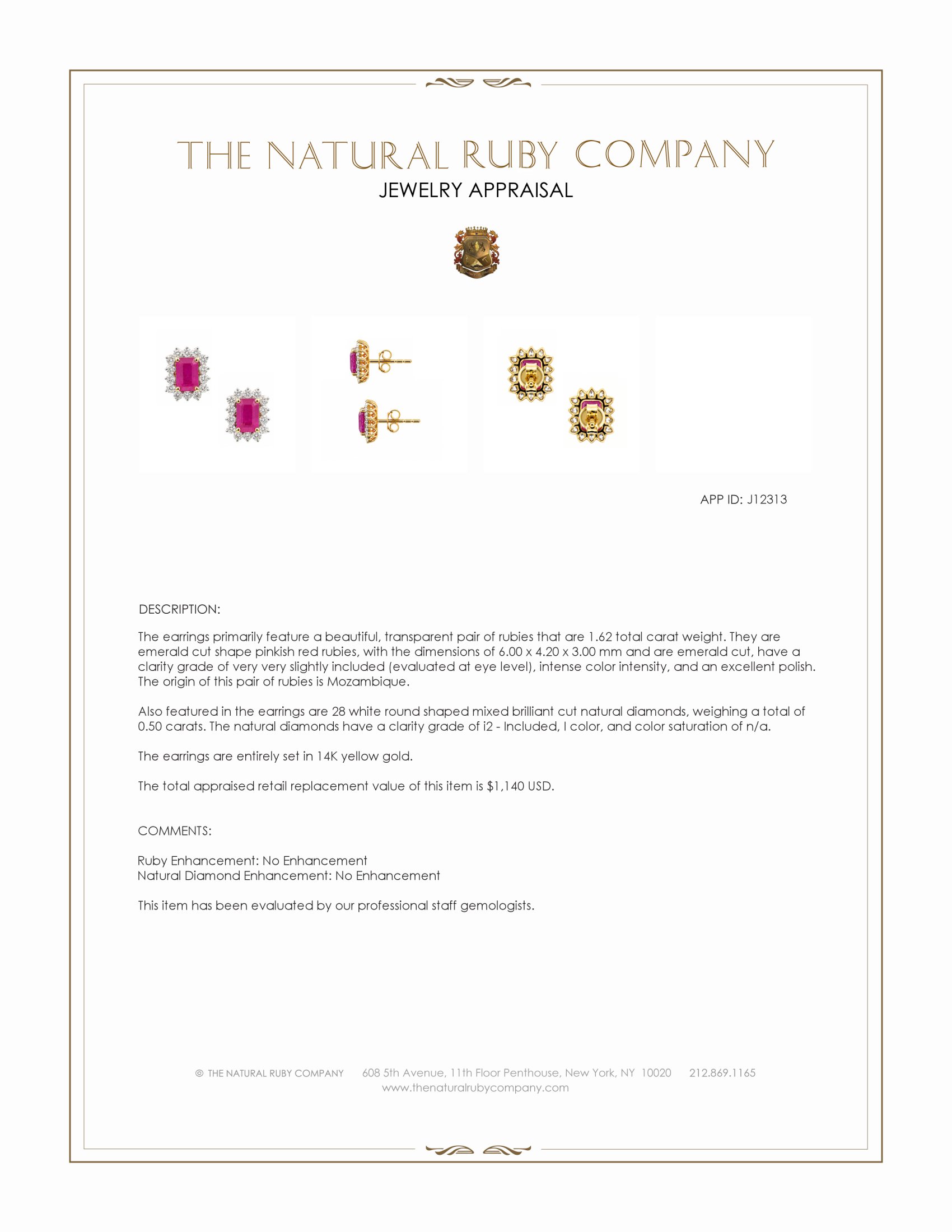 1.62 Ct.Tw. Pinkish Red Ruby and Natural Diamond Studs Earrings, 14K Yellow Gold