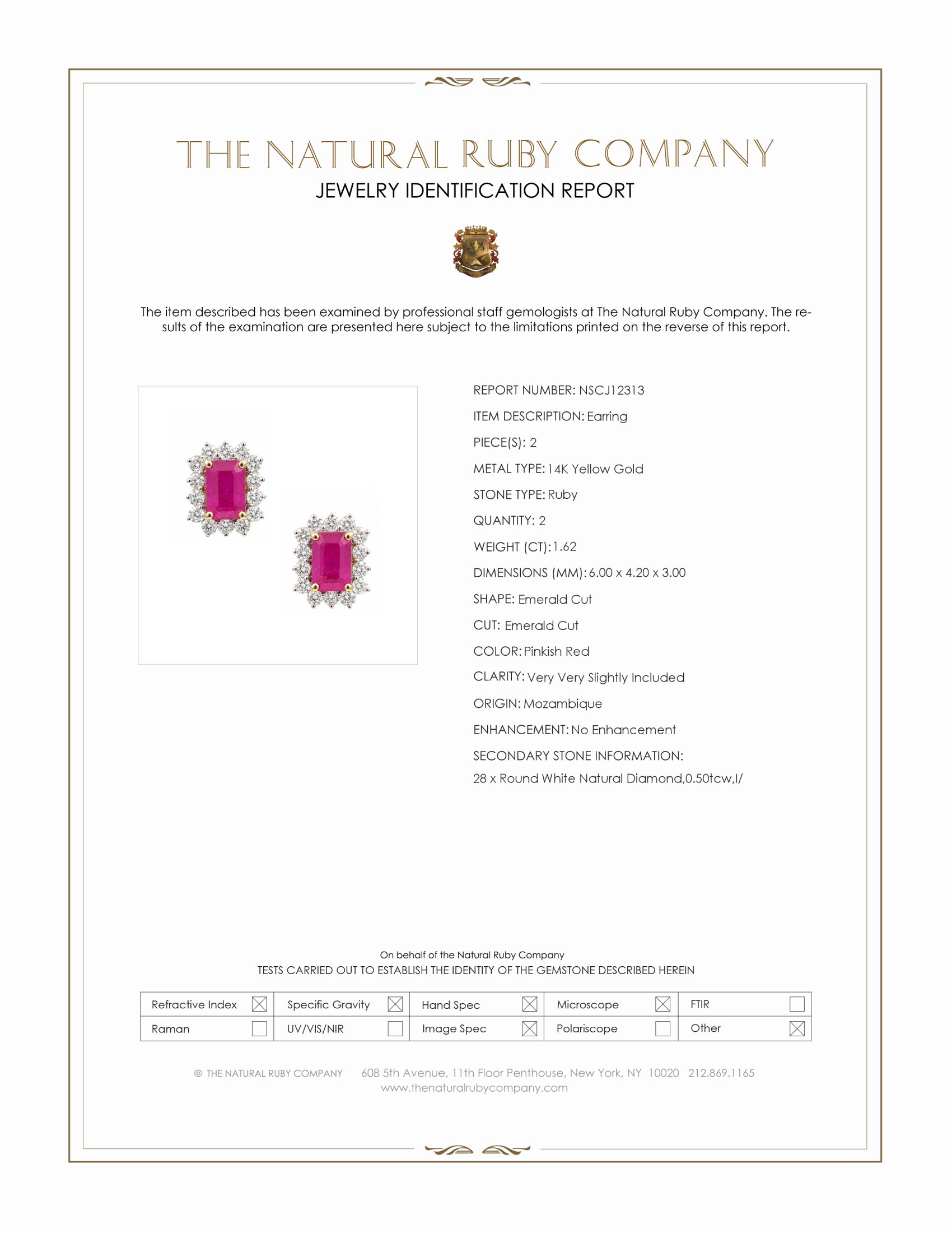 1.62 Ct.Tw. Pinkish Red Ruby and Natural Diamond Studs Earrings, 14K Yellow Gold