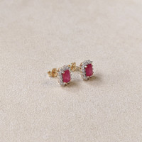 1.62 Ct.Tw.Total Carat Weight Pinkish Red Ruby and Natural Diamond Studs Earrings, 14K Yellow Gold Life Style