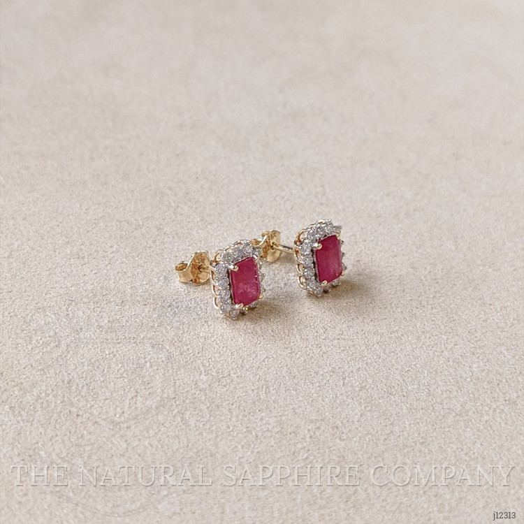 1.62 Ct.Tw. Pinkish Red Ruby and Natural Diamond Studs Earrings, 14K Yellow Gold