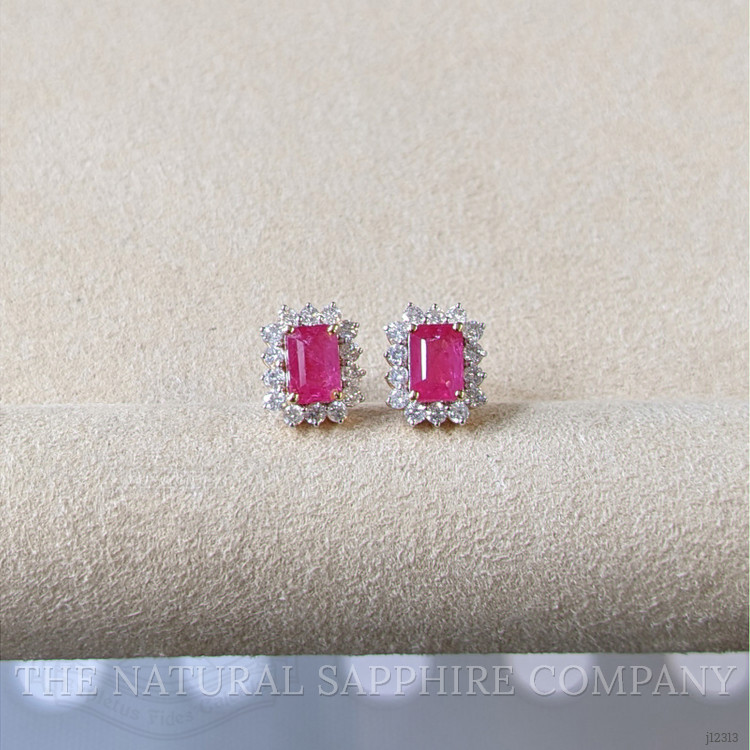 1.62 Ct.Tw. Pinkish Red Ruby and Natural Diamond Studs Earrings, 14K Yellow Gold