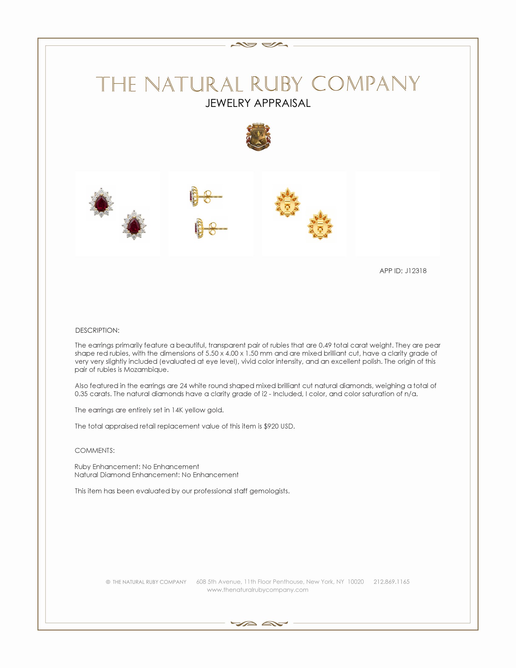 0.49 Ct.Tw. Ruby and Natural Diamond Studs Earrings, 14K Yellow Gold