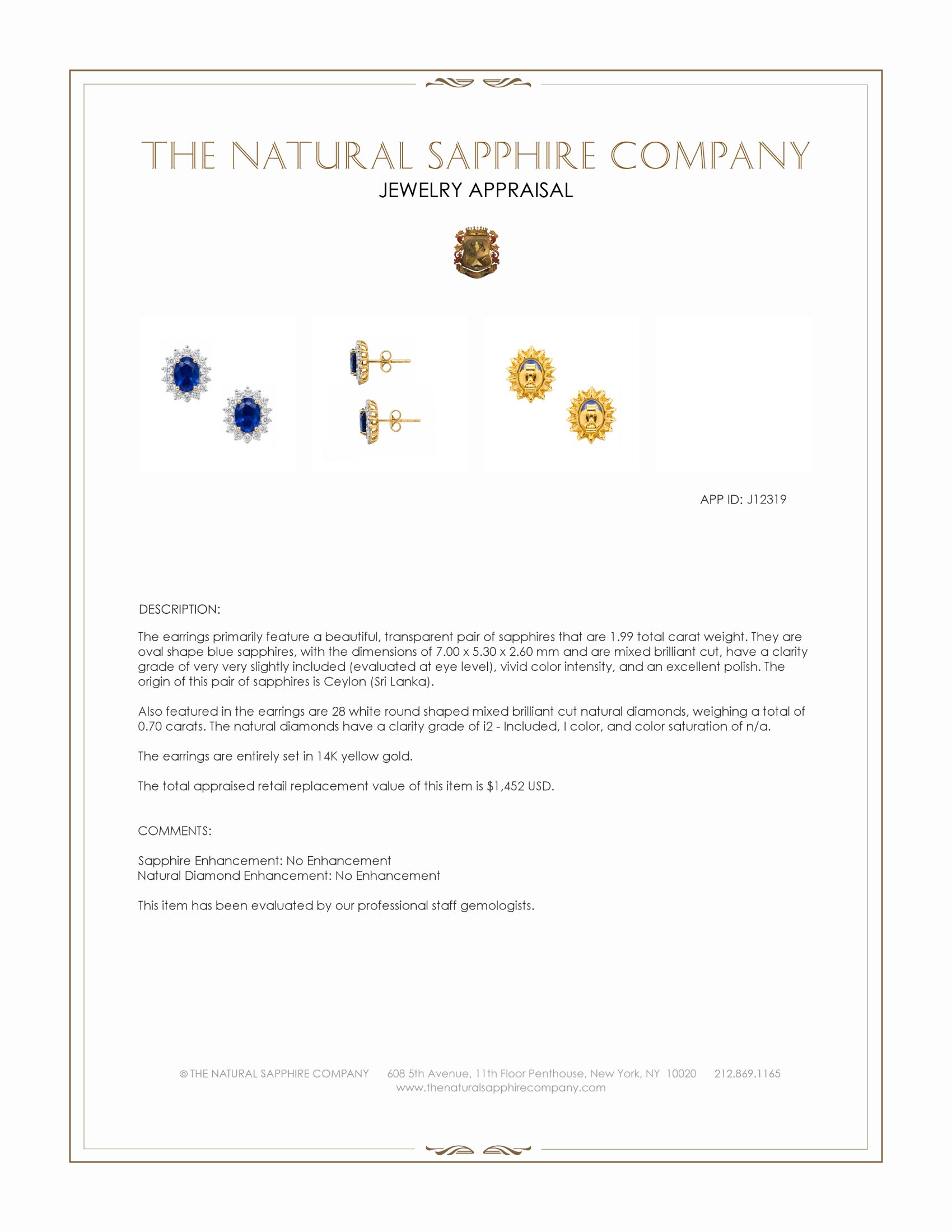 1.99 Ct.Tw. Blue Sapphire and Natural Diamond Studs Earrings, 14K Yellow Gold