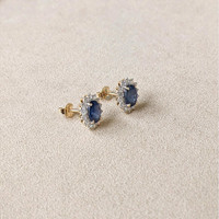 1.99 Ct.Tw.Total Carat Weight Blue Sapphire and Natural Diamond Studs Earrings, 14K Yellow Gold Life Style