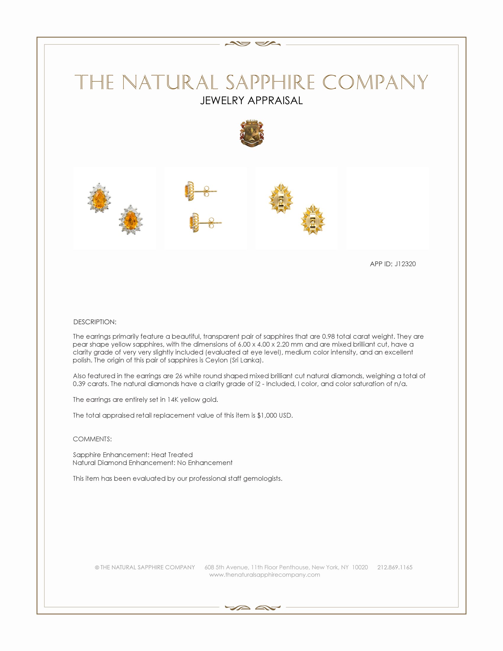 0.98 Ct.Tw. Yellow Sapphire and Natural Diamond Studs Earrings, 14K Yellow Gold