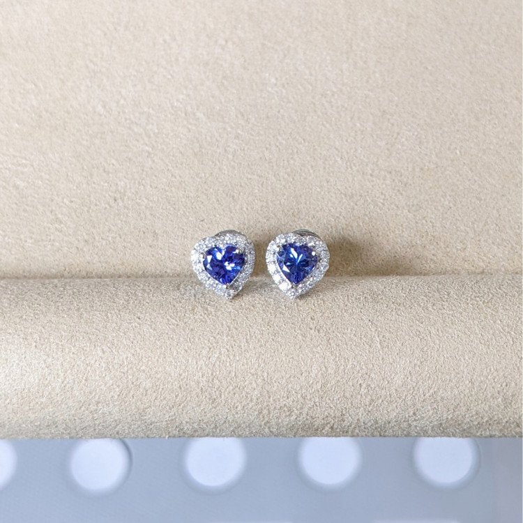 0.86 Ct.Tw. Violetish Blue Tanzanite and Natural Diamond Studs Earrings, 14K White Gold