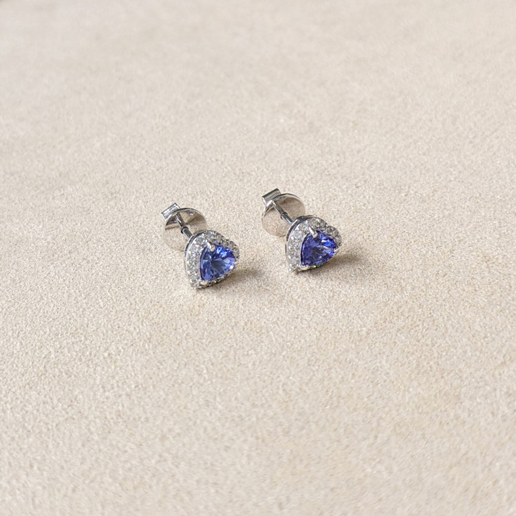 0.86 Ct.Tw. Violetish Blue Tanzanite and Natural Diamond Studs Earrings, 14K White Gold