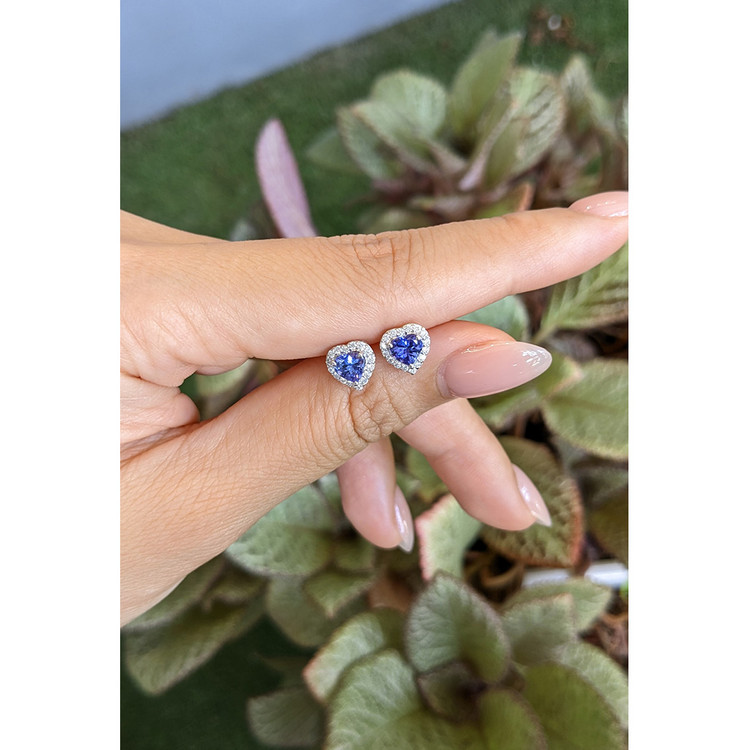 0.86 Ct.Tw. Violetish Blue Tanzanite and Natural Diamond Studs Earrings, 14K White Gold