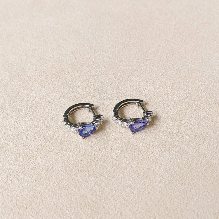 0.96 Ct.Tw. Violetish Blue Tanzanite and Natural Diamond Pave Earrings, 14K White Gold