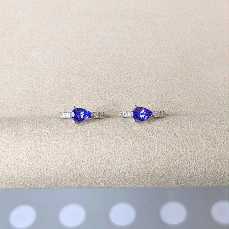 0.96 Ct.Tw. Violetish Blue Tanzanite and Natural Diamond Pave Earrings, 14K White Gold