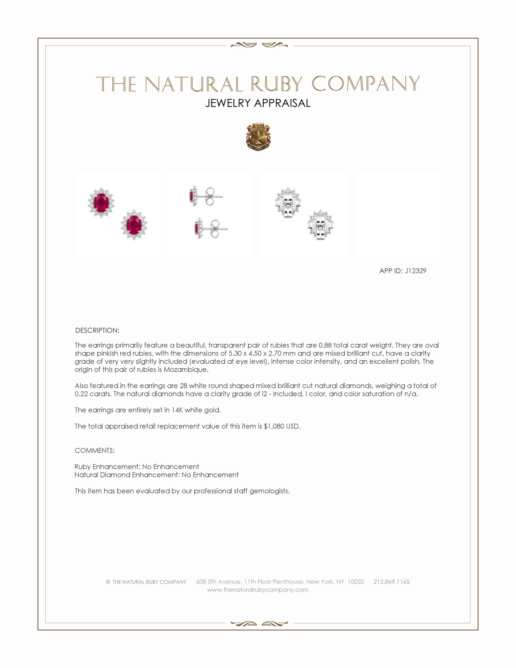 0.88 Ct.Tw. Pinkish Red Ruby and Natural Diamond Studs Earrings, 14K White Gold