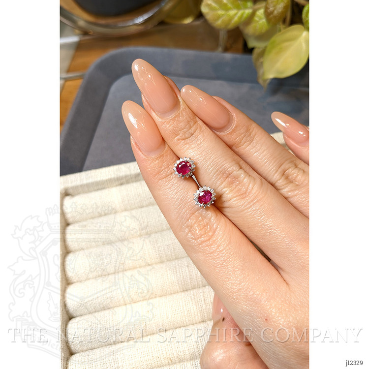 0.88 Ct.Tw. Pinkish Red Ruby and Natural Diamond Studs Earrings, 14K White Gold