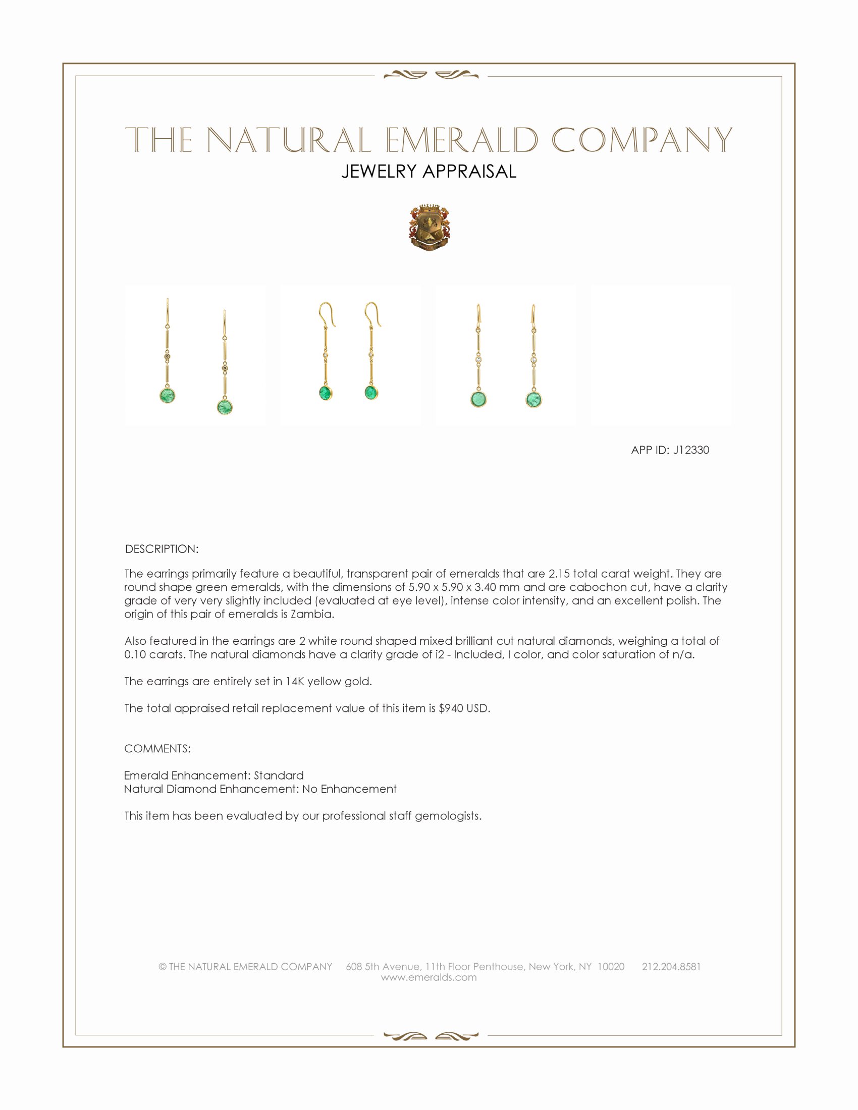 2.15 Ct.Tw. Emerald and Natural Diamond Bezel Earrings, 14K Yellow Gold