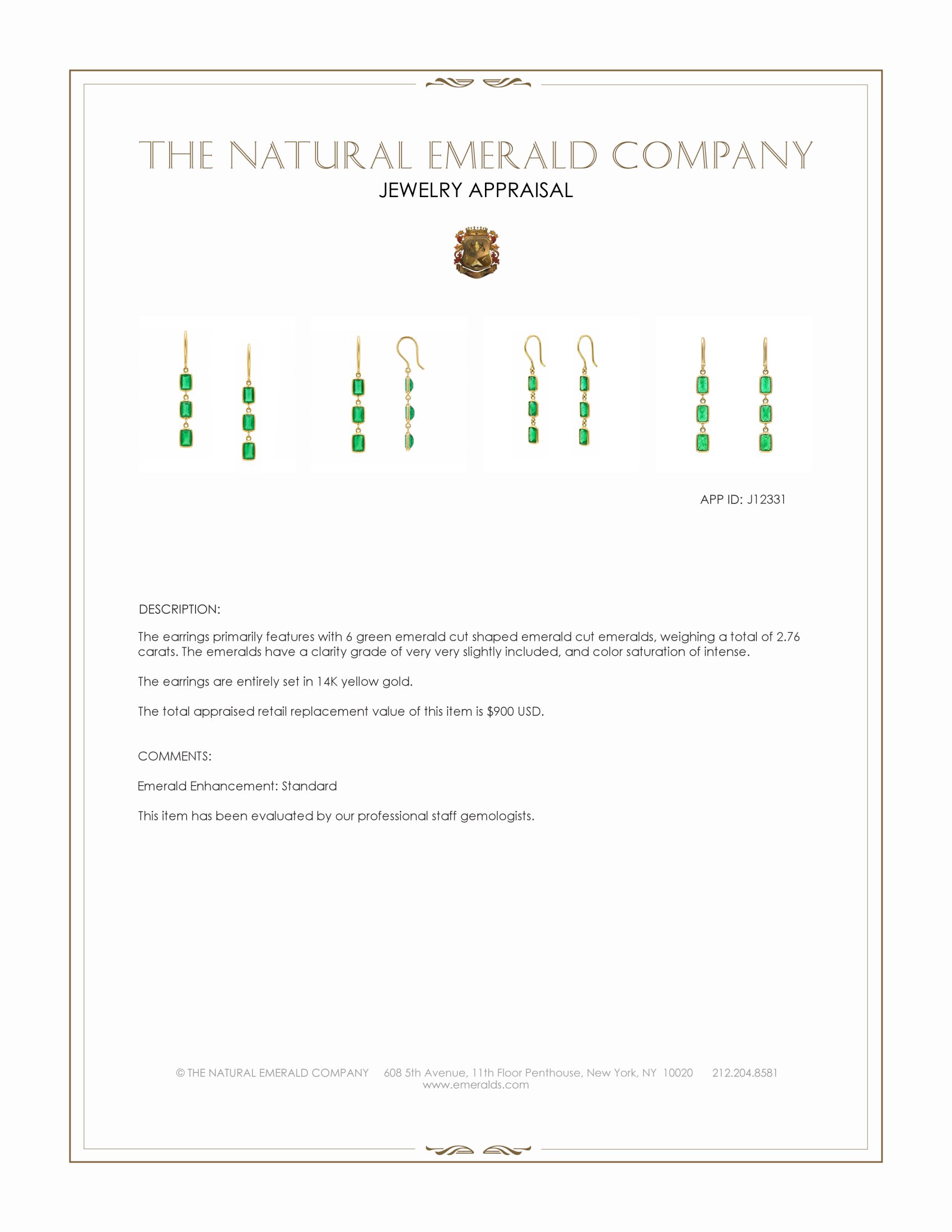 2.76 Ct.Tw. Emerald Bezel Earrings, 14K Yellow Gold